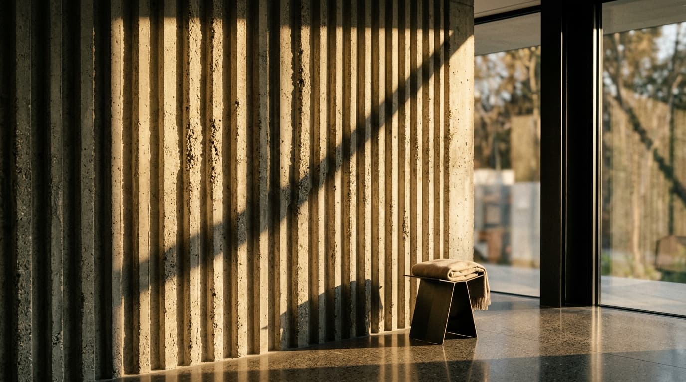 Architectural ribbed concrete with sunlight